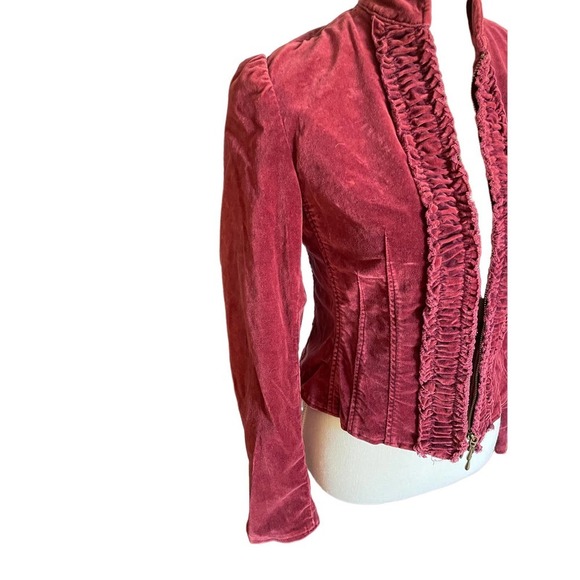 Express Women Ruffle Corset Fitted Velvet Victorian Style Jacket Size 0 Burgundy - Picture 5 of 7